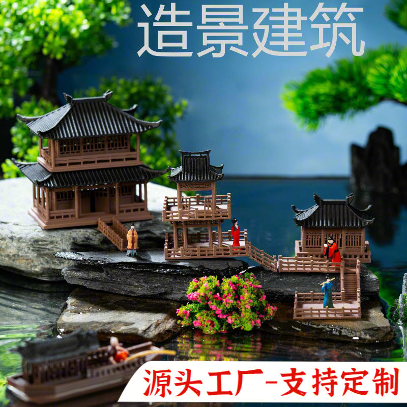 Miniature Ancient Chinese Pavilion Landscape Ornament for Aquariums and Bonsai