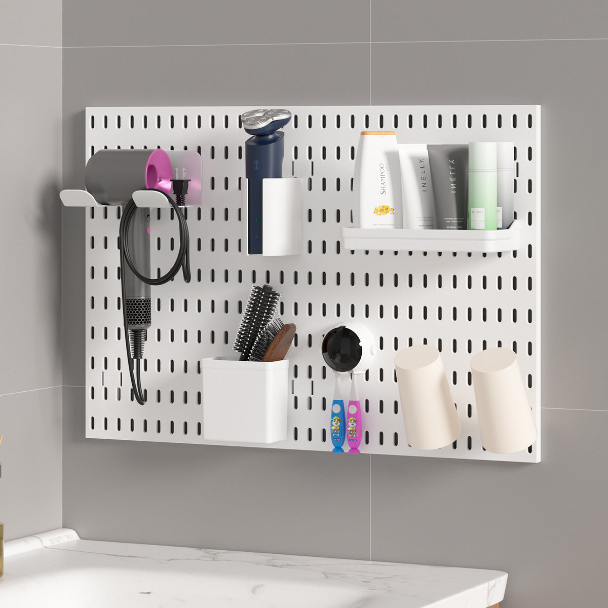 No-Drill Wall-Mounted Pegboard Organizer for Bathroom & Kitchen, Hair Dryer Holder & Storage Shelf