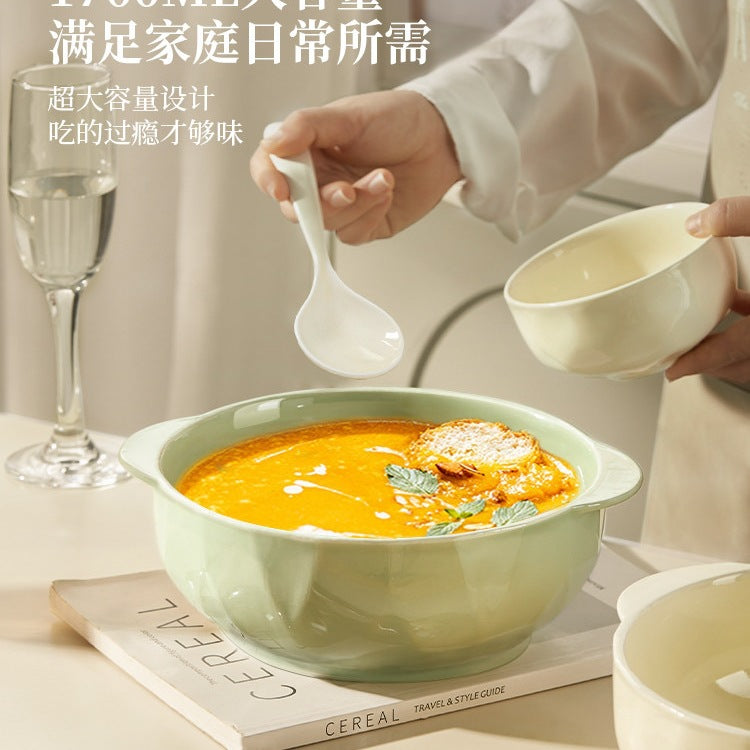 Ceramic Double-Handled Soup Bowl with Lid, Large Capacity Noodle Bowl for Home Kitchen