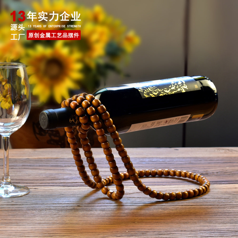 Elegant Wooden Bead Chain Wine Rack - Vintage Solid Wood Tabletop Decor
