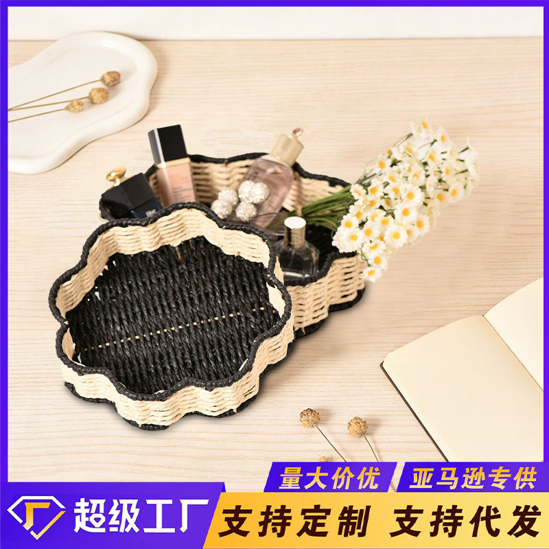 Hand-Woven Two-Tone Paper Rope Storage Tray for Home Decor and Desktop Organization