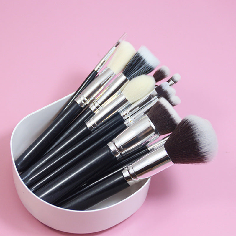 15-Piece Professional Makeup Brush Set with Animal Hair Bristles - Black & Silver