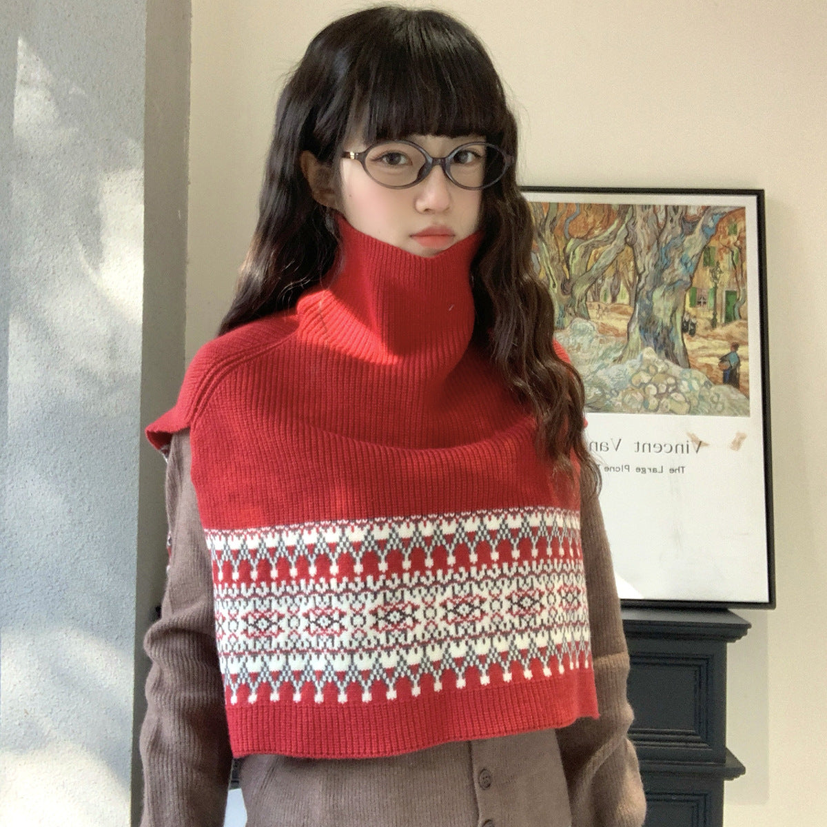 Fair Isle Vintage High-Neck Knitted Shawl Scarf for Women, Autumn/Winter Warm Layering Neck Warmer