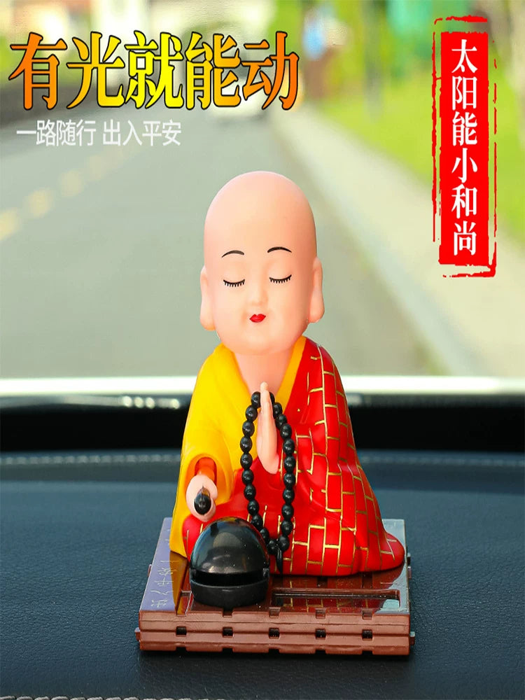 Solar Powered Nodding Monk Car Dashboard Ornament with Wooden Fish
