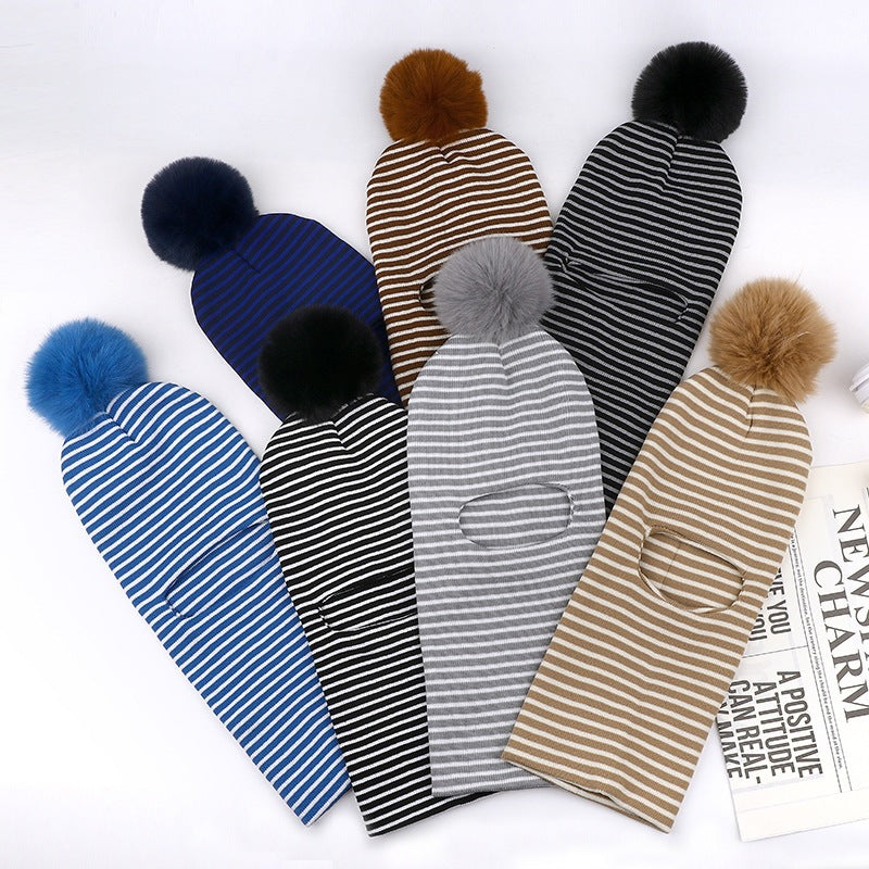 Kids' Striped Knit Beanie with Scarf Set, Winter Warm Hat with Pom-Poms
