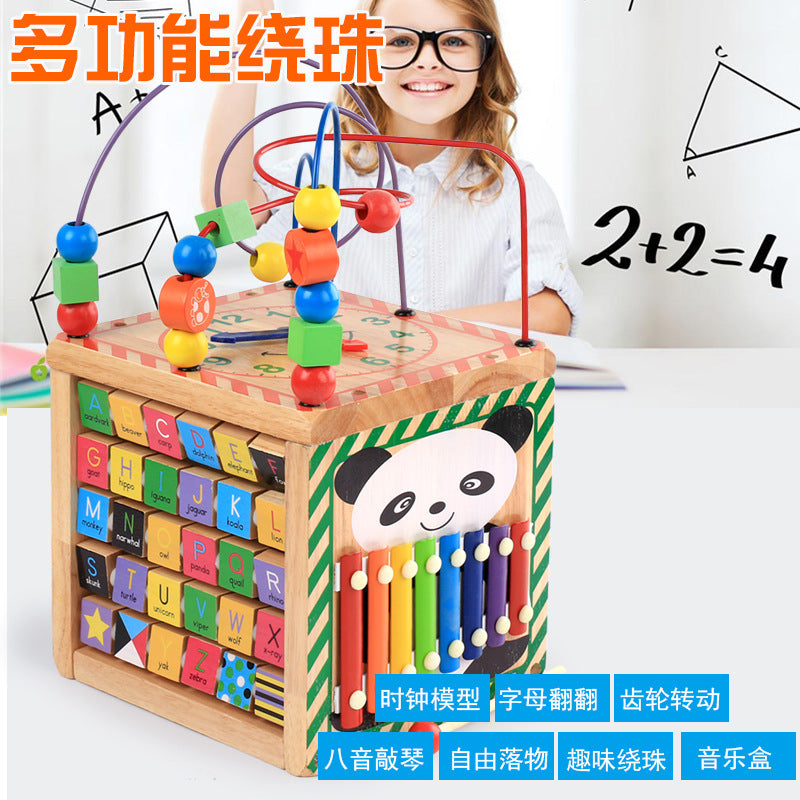 Wooden Activity Cube for Toddlers 1-3 Years Old, Multifunctional Bead Maze Toy with Shape Sorter and Gears