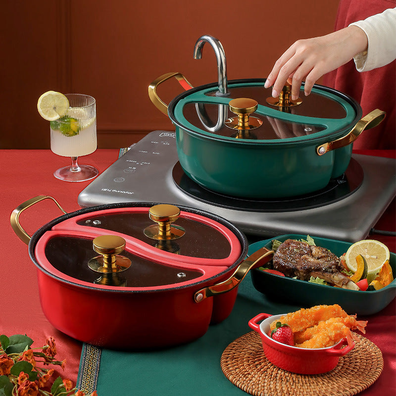 304 Stainless Steel Divided Hot Pot with Lid, Thickened Dual-Handle Shabu-Shabu and Fry Pot for Induction Cooktops