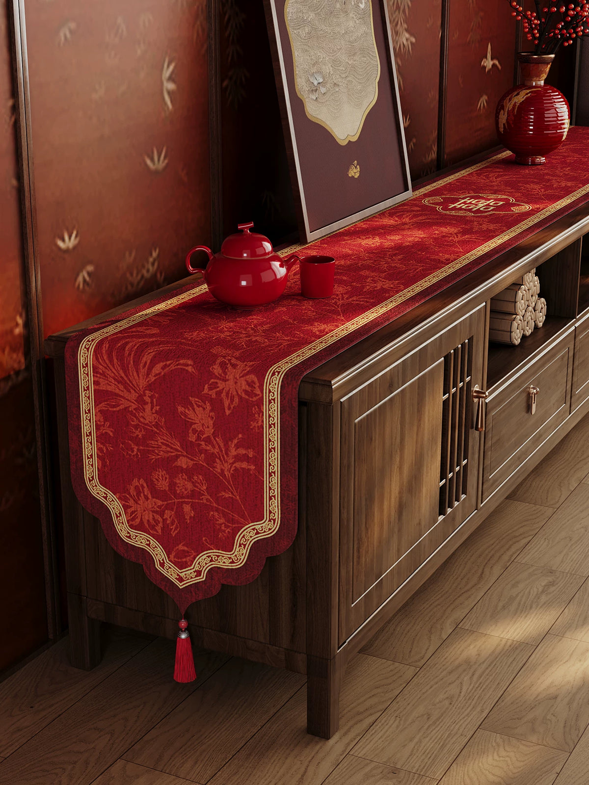 New Chinese Style Wedding Table Runner Red Chenille Fabric for Festive Home Decor