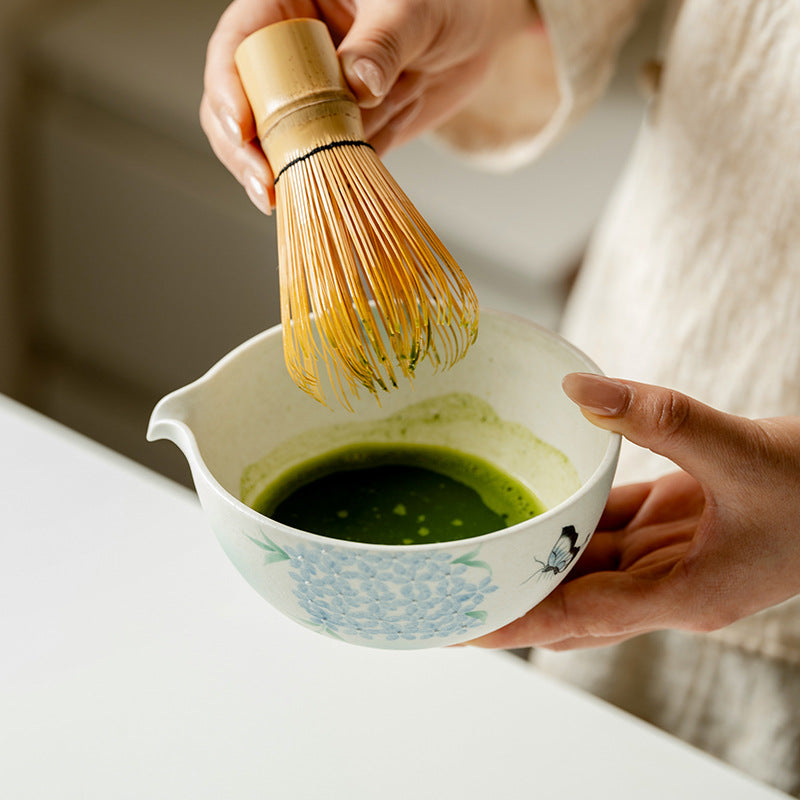 Blue Floral Butterfly Song Dynasty Style Matcha Tea Bowl Set with Whisk