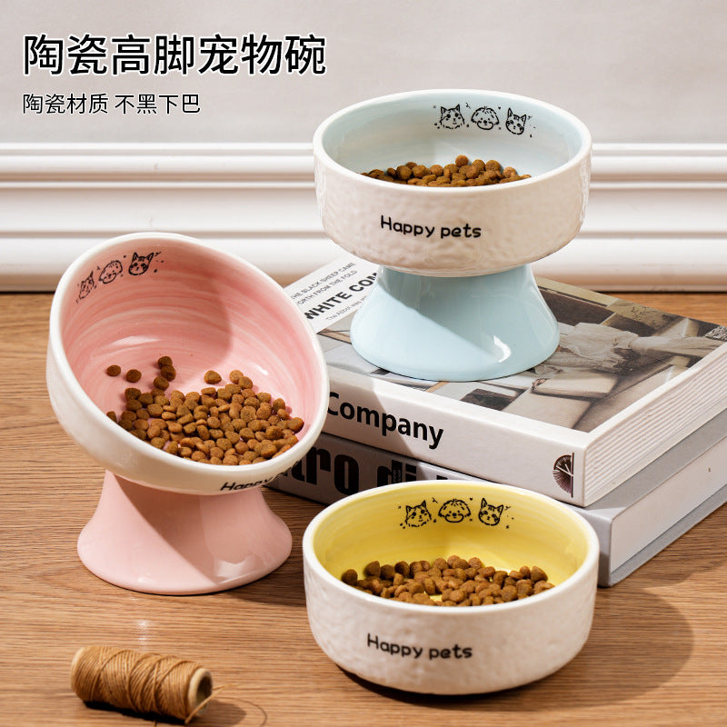 Hand-Painted Ceramic Pet Bowl for Cats and Small Dogs, Elevated Anti-Vomiting Food and Water Dish