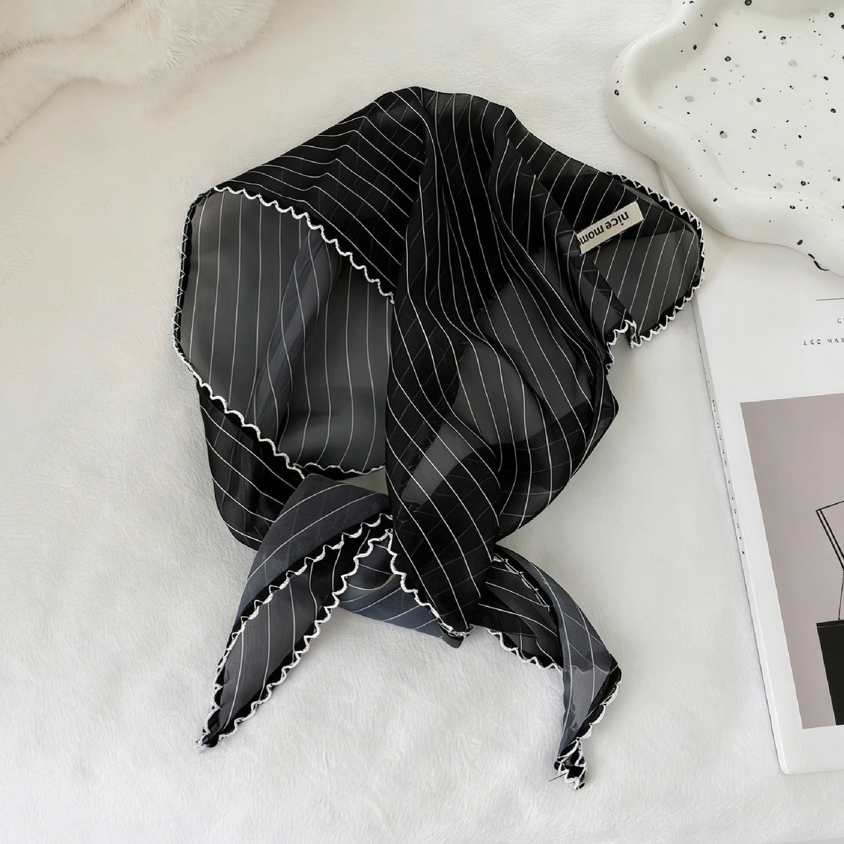 Korean Striped Polka Dot Silk Scarf for Women, Neck Decoration, French Style Small Kerchief for Travel and Vacation
