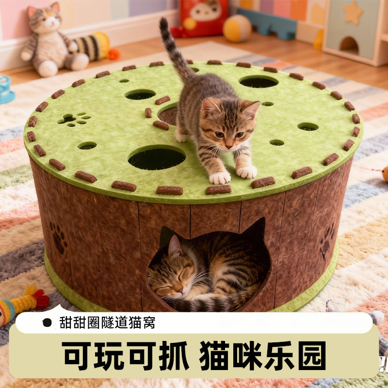 Felt Cat Tunnel Bed and Hideaway Toy, Donut Style, Warm Indoor Nest for All Seasons