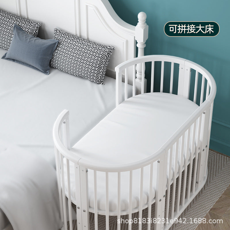 European Solid Wood Baby Crib with Mosquito Net and Bedding Set, Multi-functional Mobile Newborn Cot, White Round Bed
