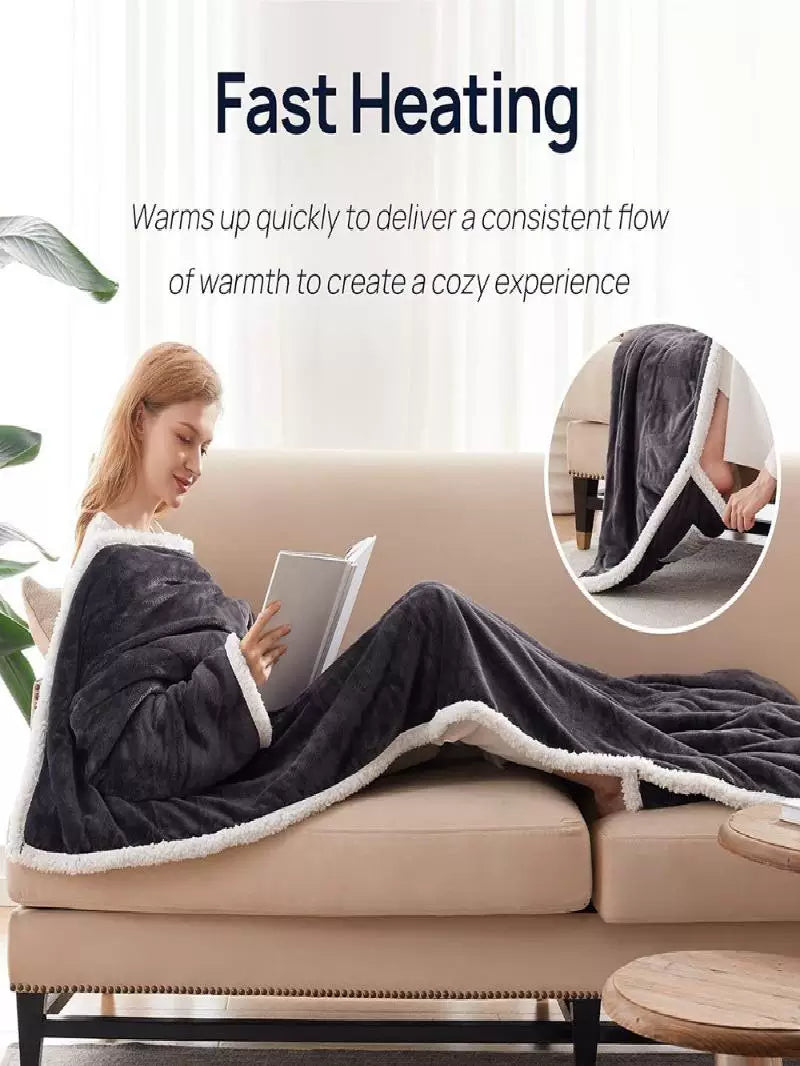 Wearable Flannel Heated Blanket with Sleeves, Lamb Velvet Electric Throw for Home and Office