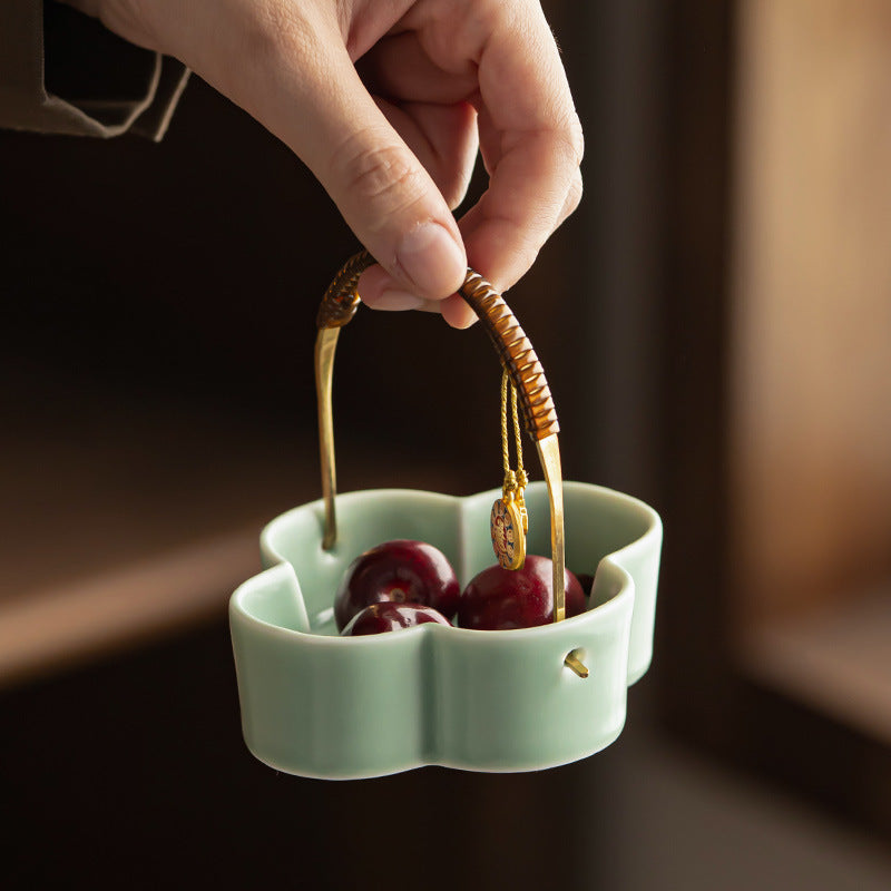 Chinese Ceramic Divided Snack Plate with Wooden Handle and Serving Bowls