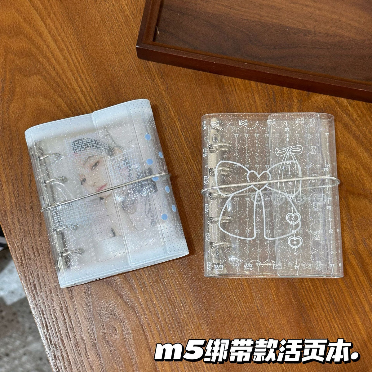 Glitter Bowknot Transparent M5 Binder Photo Album Diary Journal Card Holder