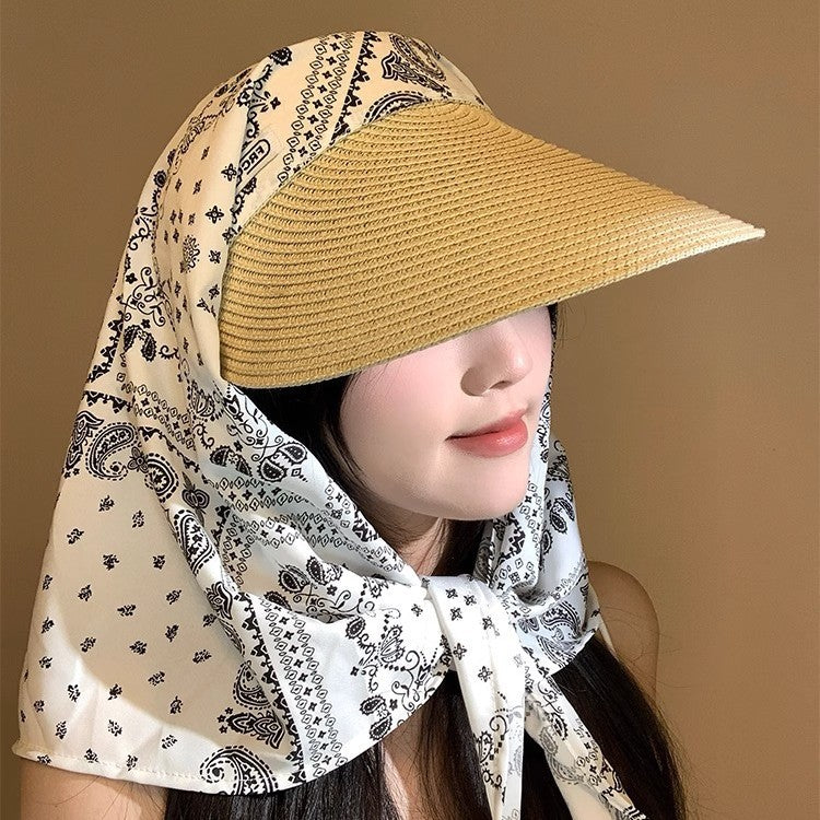 Women's Floral Straw Sun Hat with Neck Flap - Wide Brim UV Protection Outdoor Scarf Hat