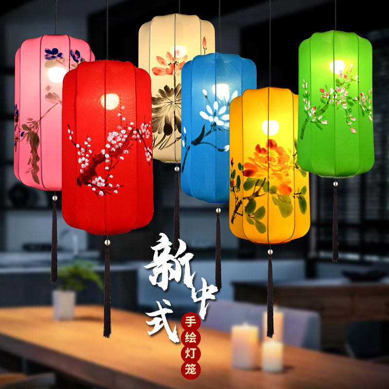 Outdoor Chinese Style Hand-Painted Fabric Lantern for Teahouse and Scenic Decor