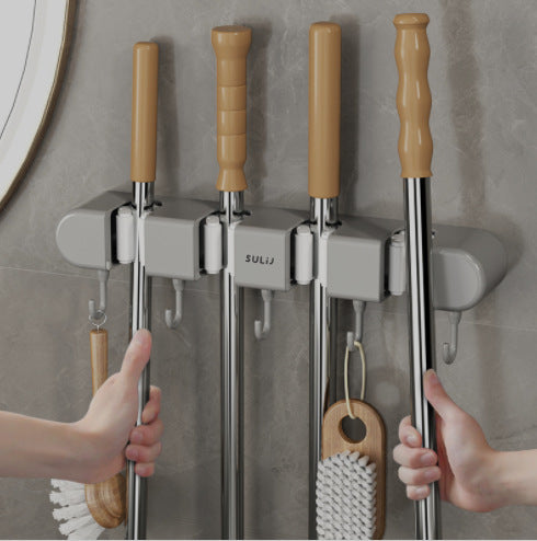 Wall-Mounted Mop and Broom Holder with Hooks, Punch-Free Organizer for Home and Bathroom