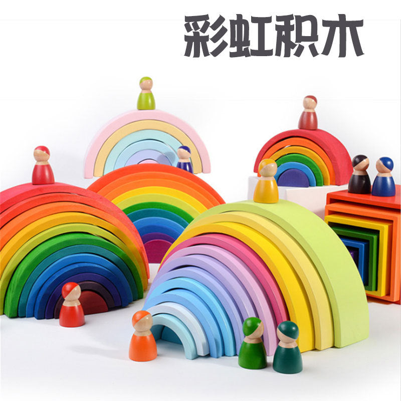 Large Wooden Rainbow Stacking Arches Building Blocks for Kids, Educational Color Recognition Toy