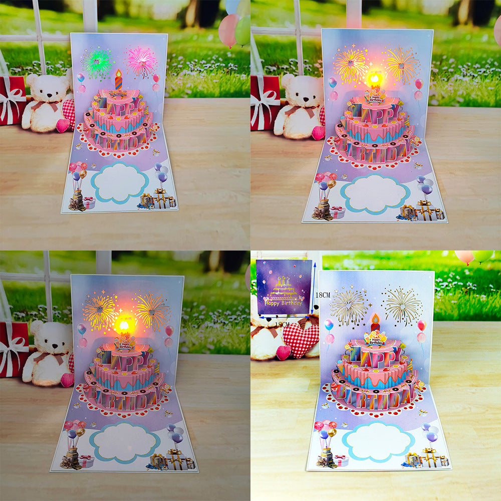 Creative 3D Pop-Up Birthday Cake Fireworks Greeting Card with Light & Sound