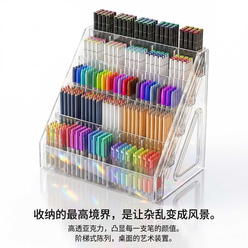 Acrylic Pen Holder with Multi-Grid Storage for Desk Organization