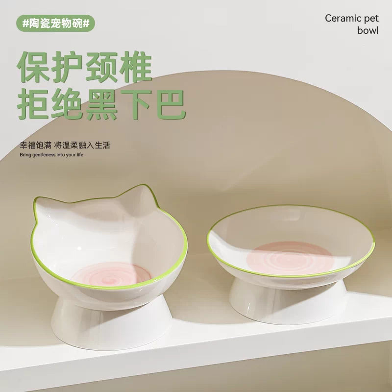 Ceramic Tilted Cat Bowl Set for Food and Water - Anti-Vomit & Anti-Black Chin Design