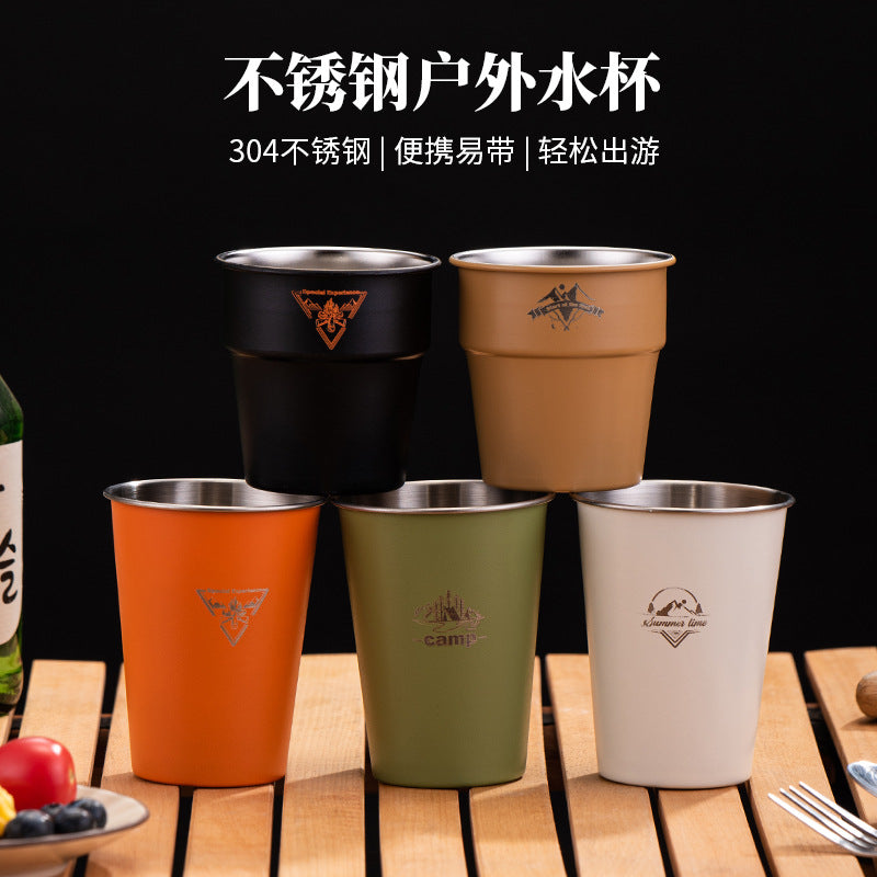 Portable 304 Stainless Steel Camping Coffee Mug Set with Storage Bag, Single Layer Outdoor Cup
