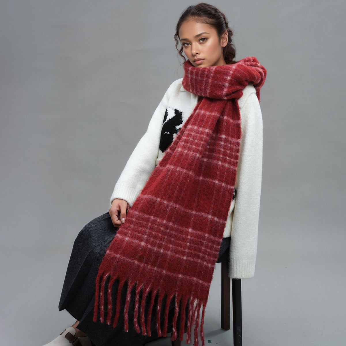 Plaid Wool Blend Tassel Scarf for Winter, Korean Style Mohair Warm Neck Wrap for Men and Women