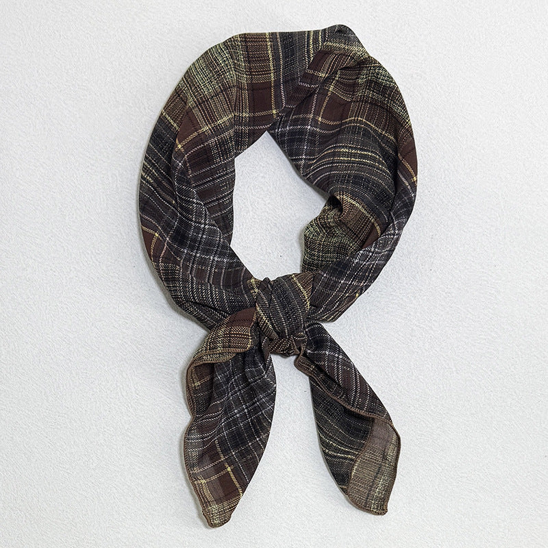 Vintage Plaid Square Scarf Necktie for Women, Versatile Decorative Silk Scarf