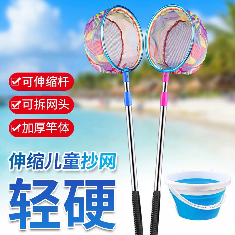 Kids' Extendable Fishing Net with Folding Bucket for Catching Fish, Dragonflies, and Butterflies