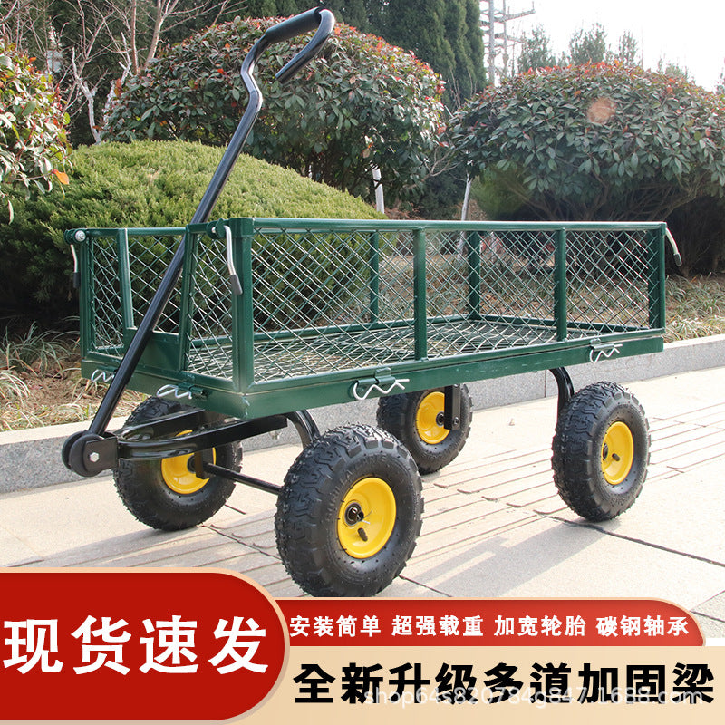 Heavy-Duty 4-Wheel Garden Cart with Folding Sides for Hauling and Camping