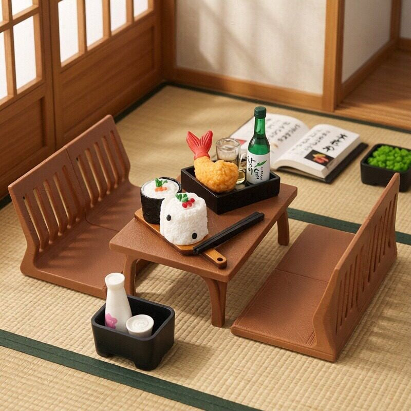 Miniature Japanese Tatami Table and Chair Set for Dollhouse OB11 Scale