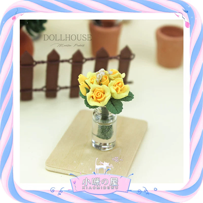 1:12 Scale Miniature Rose Potted Plant for Dollhouse Decor