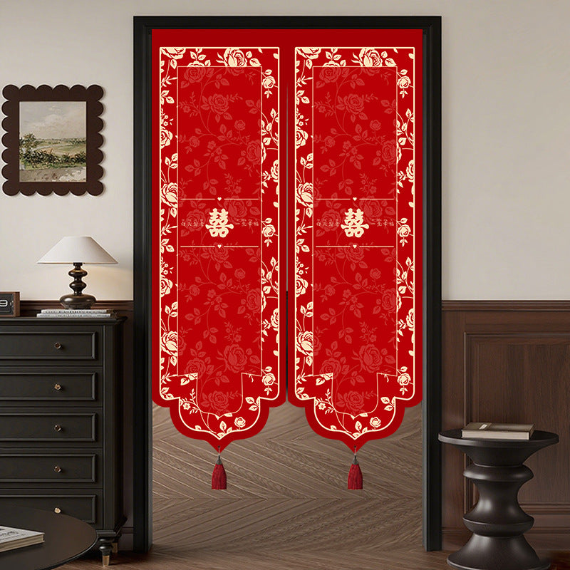 Wedding Door Curtain with Xi Character, Red Festive Irregular Hanging Curtain for Wedding Room Decoration, Punch-Free Living Room Bedroom Partition