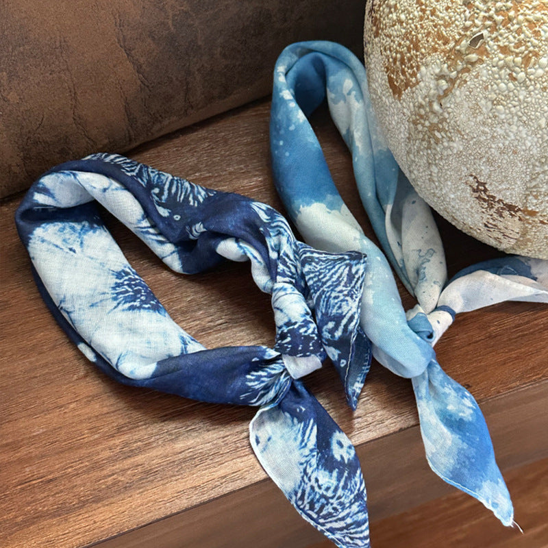 Indigo Tie-Dye Cotton Linen Blend Scarf for Women - Lightweight Neck, Head, or Bag Accessory