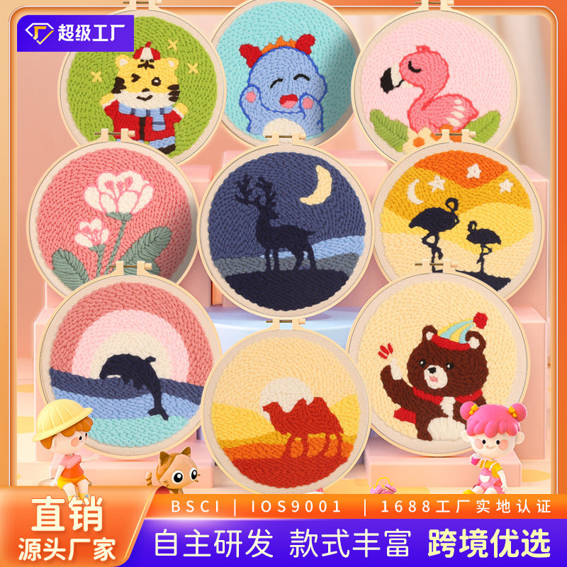 Punch Needle Embroidery Kit with Thick Yarn, DIY Craft Material Pack for Beginners, Oil Painting Style