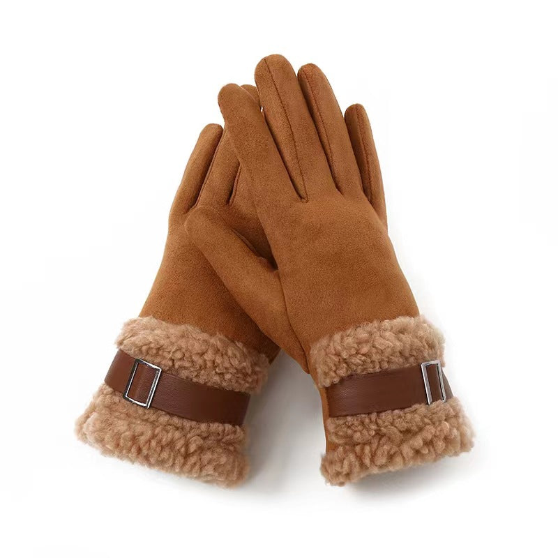 Women's Winter Touchscreen Gloves - Double-Layer Fleece Lined, Windproof Suede with Buckle for Cycling & Driving