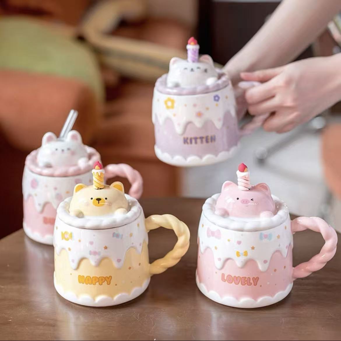 Cute Ceramic Mug with Lid, Spoon, and Straw - 400ml Cake Cup Design, Ideal Birthday Gift for Couples
