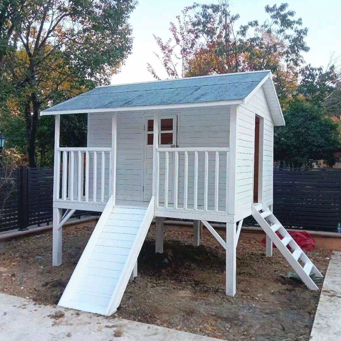 Kids Outdoor Wooden Playhouse with Slide for Garden and Yard