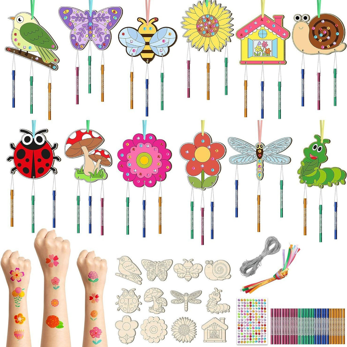 DIY Wooden Insect & Hawaiian Wind Chime Craft Kit for Kids, Spring Animal Coloring Art Set for Parties & Home Decor
