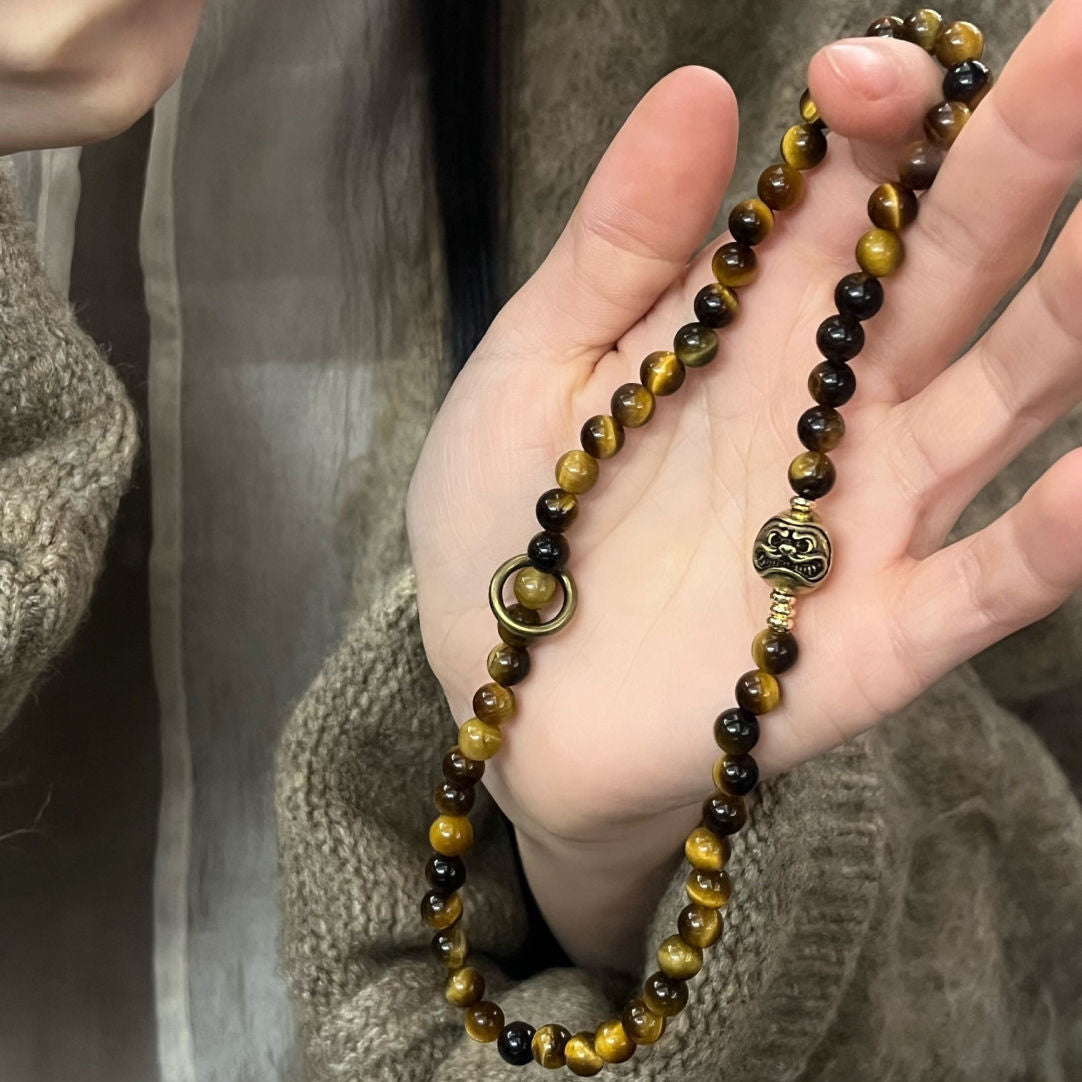 Natural Tiger Eye Beaded Bracelet for Women, Vintage Chinese Style Wealth Charm, Couple Gift Jewelry