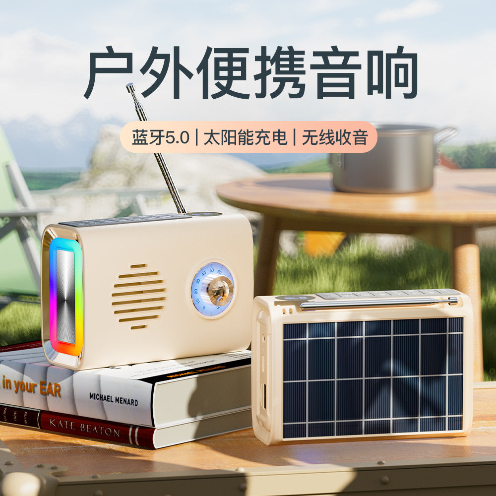 P36 Outdoor Solar Bluetooth Speaker with Radio, TF Card, USB Playback, Portable, Multi-color LED Lights, Retro Design