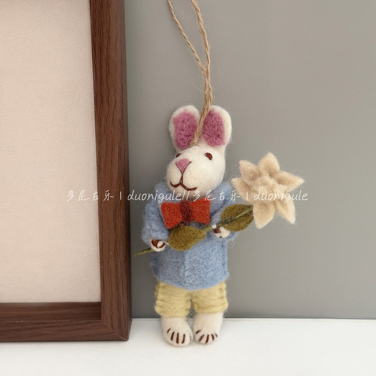Handmade Nepali Wool Felt Rabbit Doll Keychain / Bag Charm with Flower
