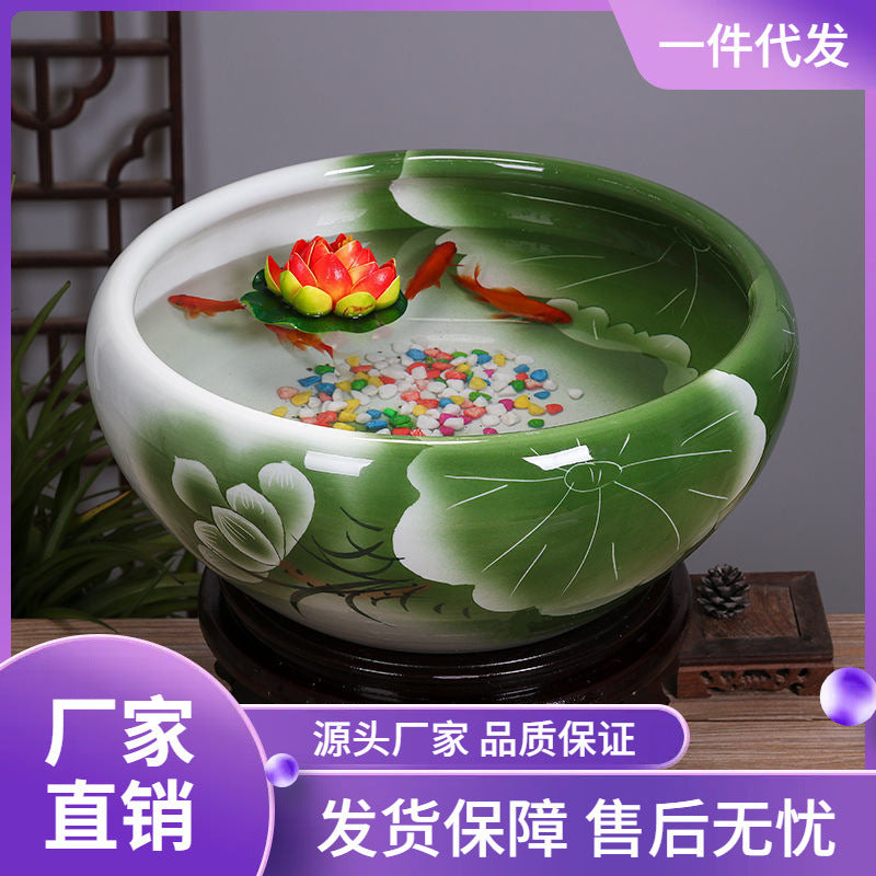 Jingdezhen Ceramic Blue and White Porcelain Fish Tank for Goldfish, Lotus, and Turtle