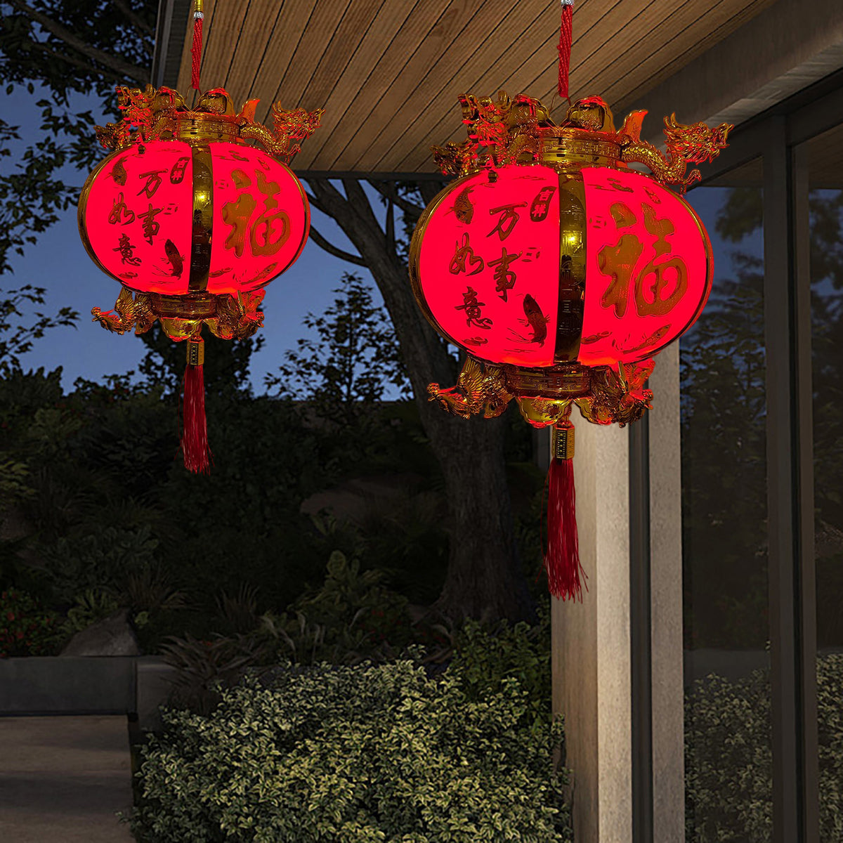 LED Light-Up Hexagonal Dragon and Phoenix Lantern for Chinese New Year Decoration