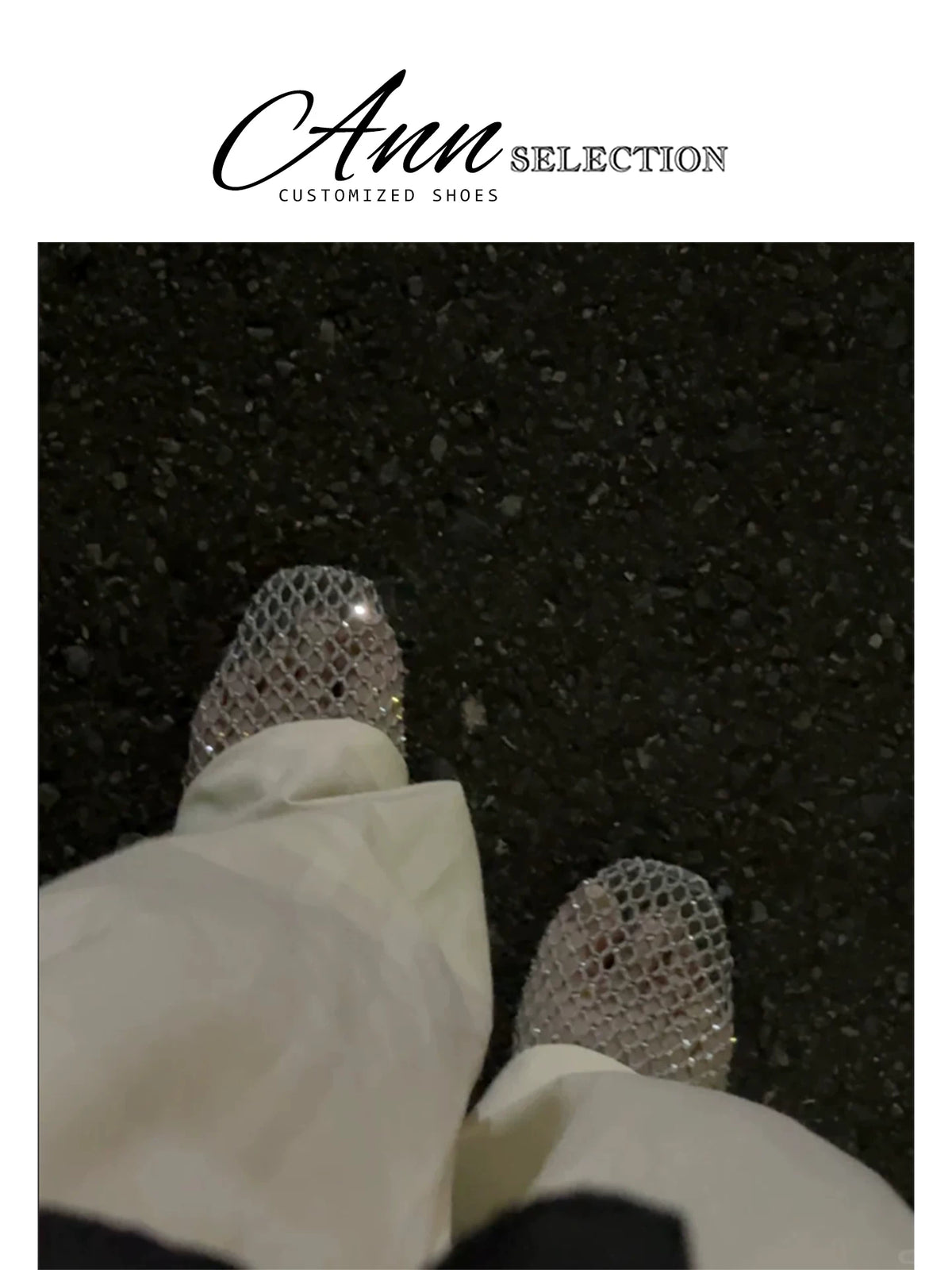 ANN French Rhinestone Mesh Ballet Flats with Bowknot Soft Sole Square Toe Mary Jane Shoes
