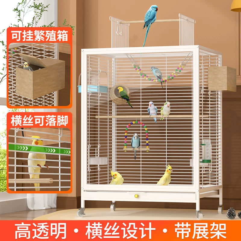 Large Transparent Splash-Proof Bird Cage for Parrots and Lovebirds with Breeding Box Option