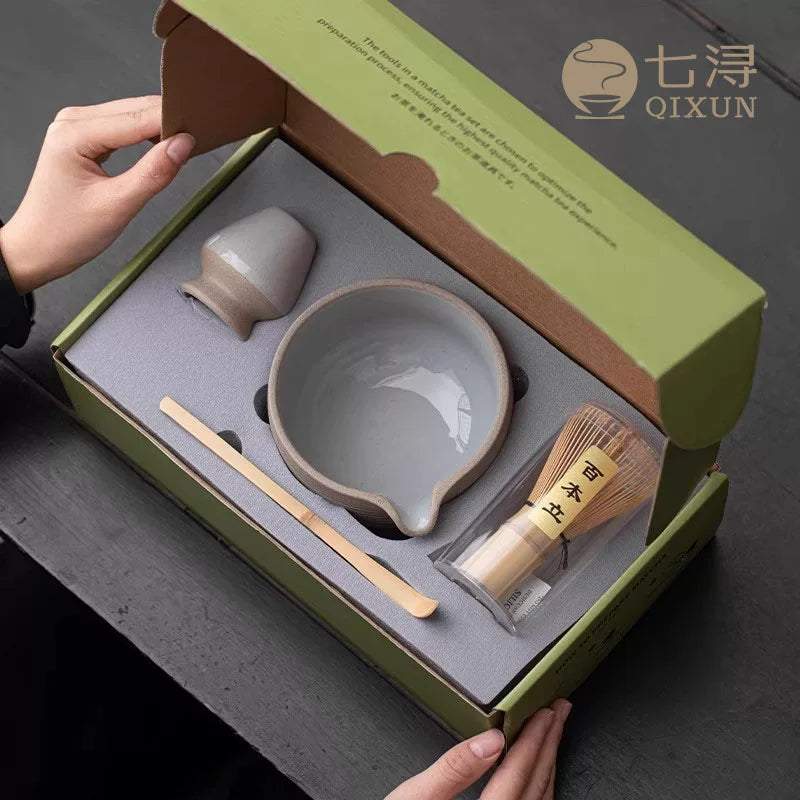 Matcha Bowl Set with Whisk Stand and Spout, Rustic Ceramic Teaware for Traditional Matcha Preparation