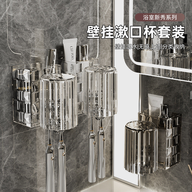 Wall-Mounted Toothbrush Holder with Tumblers, No-Drill Bathroom Organizer